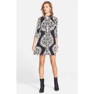 Free People Fiesta Floral Mini Dress Black Cream Boho 3/4 Sleeve Women’s Size S